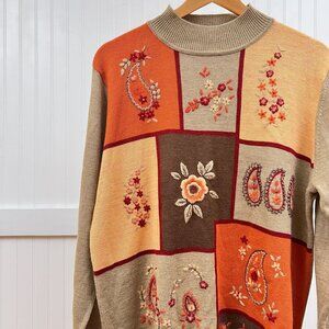 Alfred Dunner Vintage Patchwork Embroidered Floral Paisley Sweater Earth Tones L